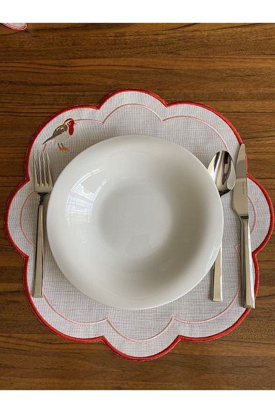NURHAN HOME COLLECTION 12 Piece Set Love Birds Red Embroidered American Service and Cocktail Presentation Napkin