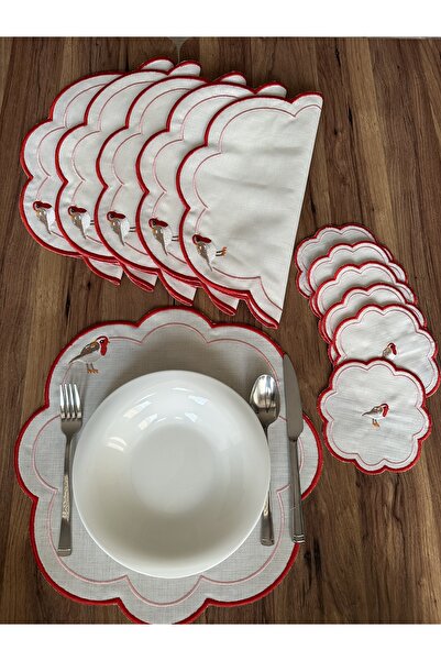 NURHAN HOME COLLECTION 12 Parça Set Love Bırds Kırmızı Nakışlı Amerikan Servis Ve Kokteyl Sunum Peçetesi