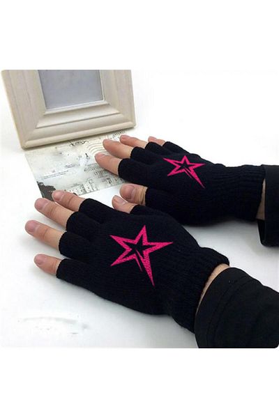 Touz Pink Star Printed Unisex Black Cutaway Double Gloves