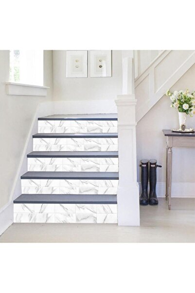 StickerArt Merdiven Sticker Folyo Kaplama (18x120 cm 5 Adet) Beyaz Mermer Duv...