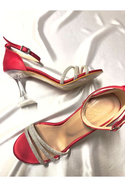 TrendyAnka Lady Red Satin Jewelled Very Stylish 8 Cm Transparent Heeled Blunt Square Toe Wedding Engagement Evening Dress Shoes