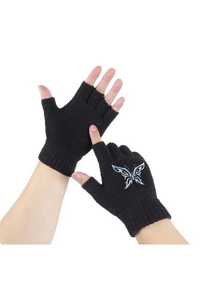 Touz Aesthetic Butterfly Printed Unisex Black Cut-Out Double Gloves