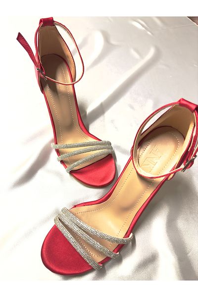 TrendyAnka Lady Red Satin Jewelled Very Stylish 8 Cm Transparent Heeled Blunt Square Toe Wedding Engagement Evening Dress Shoes