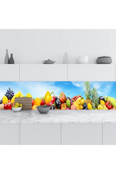 StickerArt Mutfak Tezgah Arası Folyo Fayans Kaplama Folyosu Sebze Meyve Mavi ...