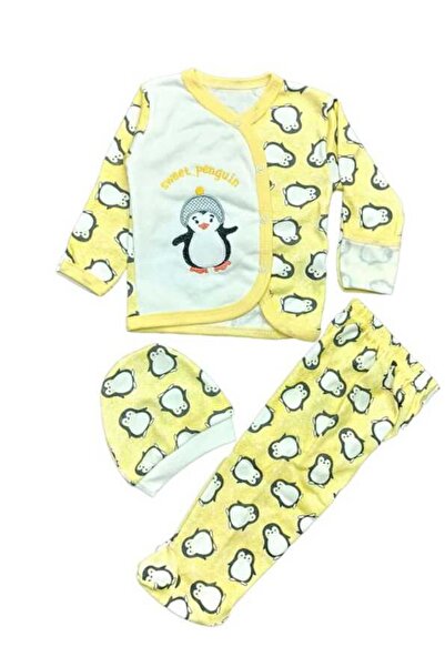 Little Baby Penguen Desenli Yeni Doğan Kendinden Eldivenli 3'lü Zıbın Takımı