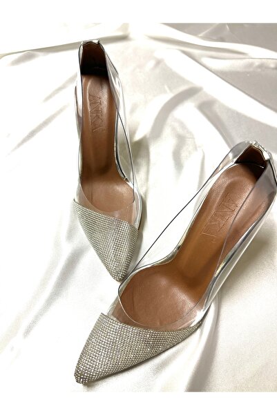 TrendyAnka حذاء نسائي شفاف فضي مرصع بأحجار الكريستال 8 سم بكعب شفاف لحفلات الزفاف والخطوبة والسهرة