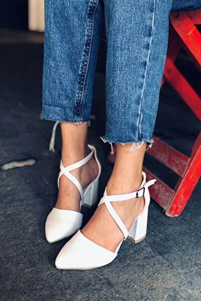 Mida Shoes Y115 Beyaz Deri Topuklu Ayakkabı