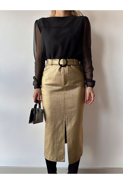 MONAMORE WOMEN'S GLOSSY CANVAS SKIRT WITH SLIT