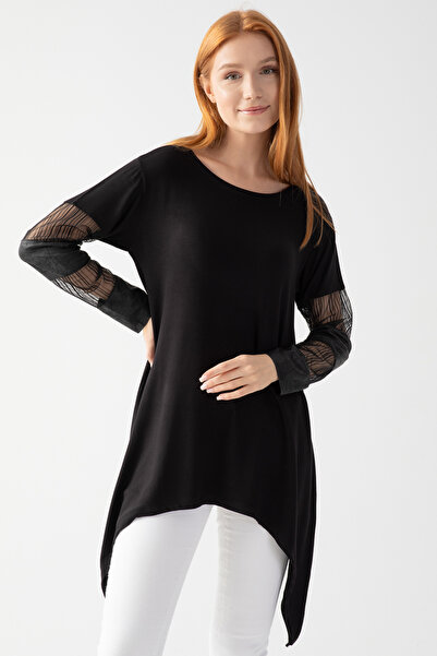 EtkiModa Жіноча чорна асиметрична туніка з тюлем та деталями зі штучної шкіри...