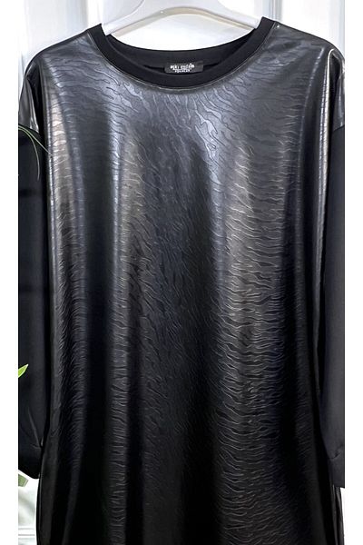 Aşkı Endam Plus Size Leather Zebra Pattern Tunic - Black