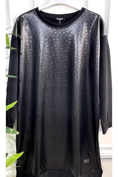 Aşkı Endam Large Size Leather Heart Pattern Tunic Black