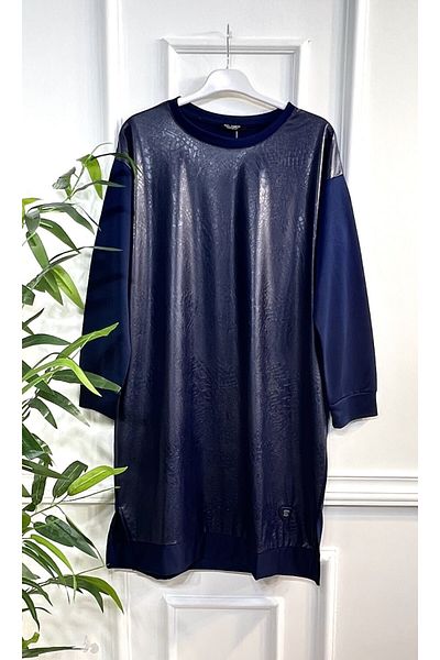 Aşkı Endam Plus Size Leather Snake Pattern Tunic - Navy Blue