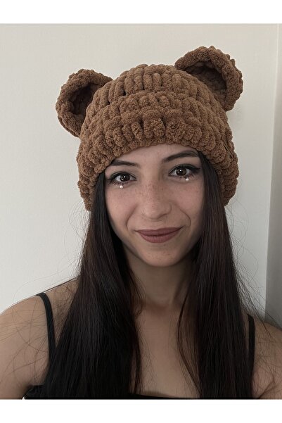 AidaAstrid Bear Hat Beanie Plain Black Bear Eared Beanie Mask Winter Cap with Animal Figures Hand Knitted