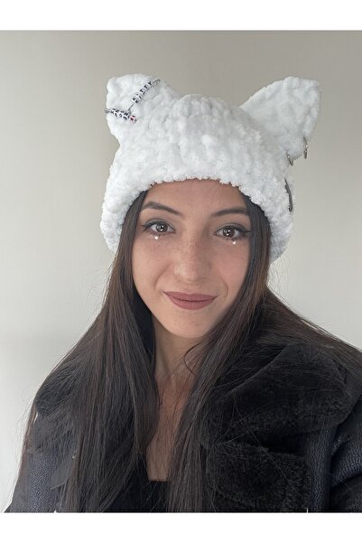 AidaAstrid Kedi Kulaklı Puffy Bere Gri El Örgüsü Kışlık Bere Şapka Hello Kitty