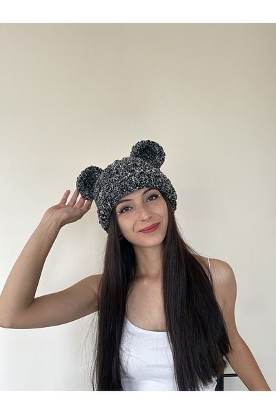 AidaAstrid Bear Hat Beanie Plain Black Bear Eared Beanie Mask Winter Cap with Animal Figures Hand Knitted