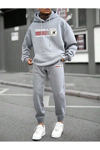 Black Sokak Gray Good Luck Printed Oversize Men's Hooded Bottom-Top Tracksuit Set