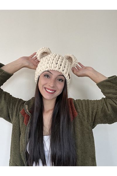 AidaAstrid Teddy Bear Eared Puffy Beanie Animal Figured Cream Beanie Winter Hand Knitted Hat