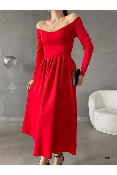 ModaLy Moda Flexible Scuba Fabric Red Color Shoulder Decollete Belted Evening Dress Gl-629 58375
