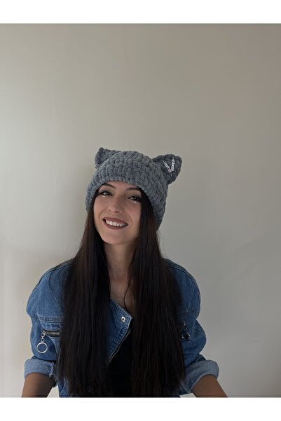 AidaAstrid Kedi Kulaklı Puffy Bere Gri El Örgüsü Kışlık Bere Şapka Hello Kitty