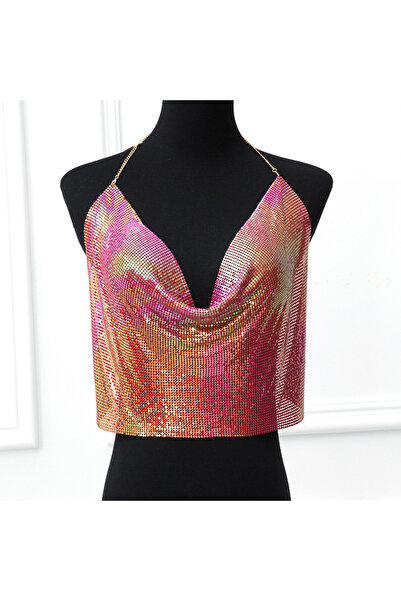 Veille Кристален градиент камък блестящ къс топ, блестящ, метален, деколте, бюстие без гръб с верижни презрамки