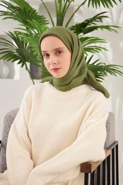Şalland Houndstooth Pattern Jacquard Scarf Khaki Green