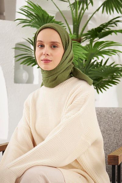 Şalland Houndstooth Pattern Jacquard Scarf Khaki Green