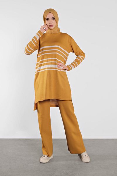 TRENDTESETTÜR Women's Orange (MUSTARD) Striped Double Suit 1202