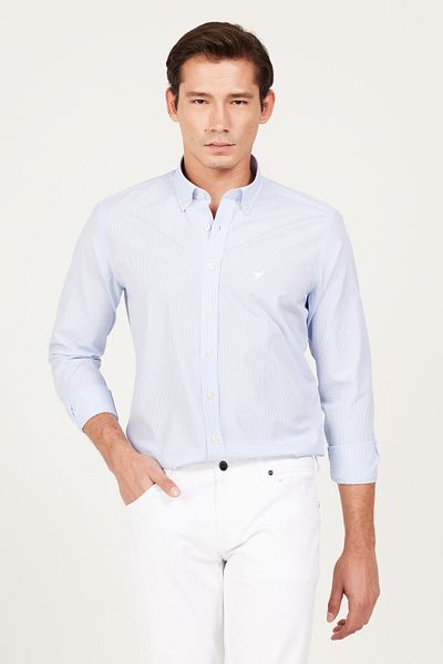 AC&Co / Altınyıldız Classics Cămașă cu dungi din bumbac A.Blue-Alb pentru bărbați, cu tăietură îngustă, cu guler cu nasturi