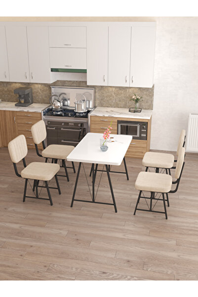 Mygusi Hayat 70x110cm Sabit Beyaz Mutfak Masası, Mutfak Masası Takımı, Yemek Masası, 4 Krem Sandalye