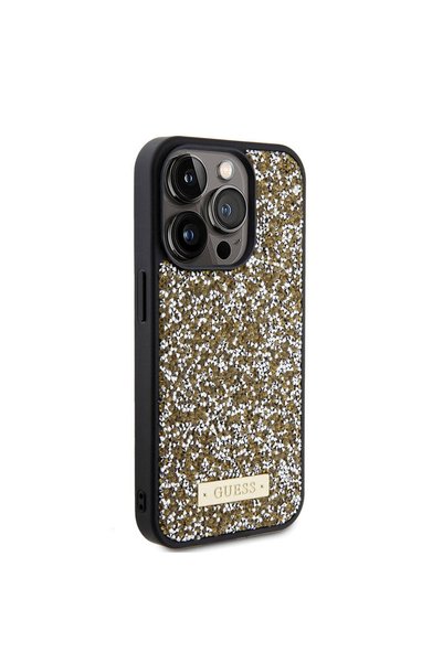 Guess iPhone 15 Pro Uyumlu Kılıf Guess Lisanslı Taşlı Arka Yüzey Metal Yazı L...