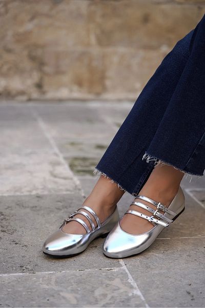 LAMİNTA Rita Silver Stripe Detailed Women's Ballerinas