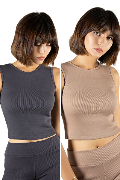 VEAVEN 2'li Paket Antrasit Bej Fitted/Vücuda Oturan Crop Halter Yaka Fitilli ...
