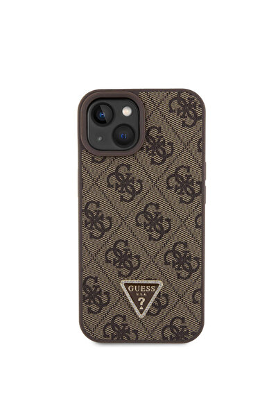 Guess iPhone 15 Uyumlu Kılıf Guess Lisanslı PU Deri Taşlı Üçgen Logo 4G Desenli Strass Kahverengi