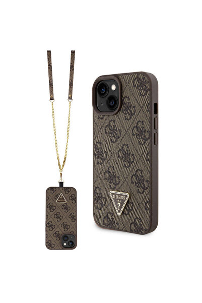 Guess iPhone 15 Kılıf Guess Lisanslı PU Deri Askılı Taşlı Üçgen Logo 4G Desen Strass Crossbody Kahverengi