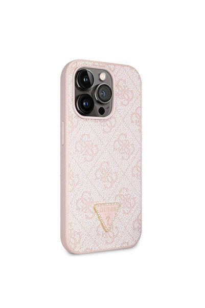 Guess iPhone 14 Pro Uyumlu Kılıf Guess Lisanslı PU Deri Taşlı Üçgen Logo 4G D...