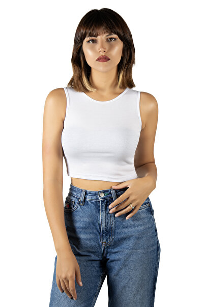 BUCADO Bluză tricotată elastică cu nervuri, albă, crop, cu gât, atlet