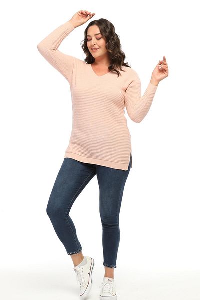 Ebsumu Women's Plus Size Self-Patterned V-Neck Powder Knitwear