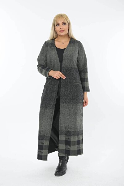 Mia Butik Plus Size Khaki Black Square Patterned Long Cardigan