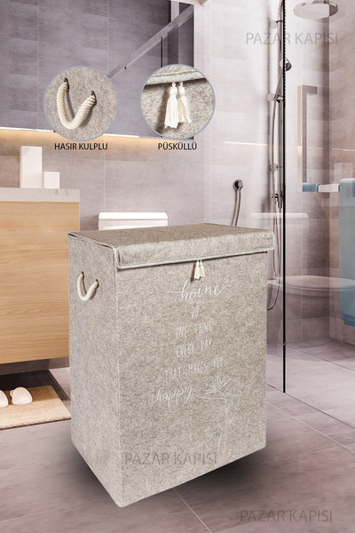 Pazar Kapısı Keçe Kapaklı Çok Amaçlı Mega Kutu Bej 55x41x30 Cm