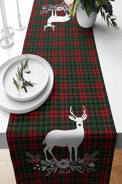 Pilloveland Runner Deer Patterned Suede Woven 140*40 Cm New Year - Christmas