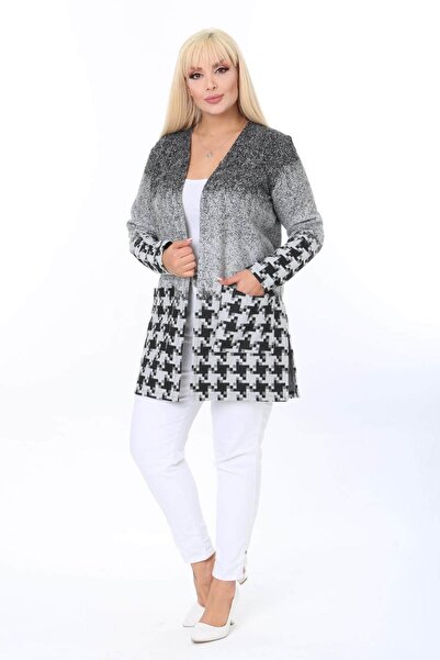 Mia Butik Plus Size Gray Black Patterned Cardigan