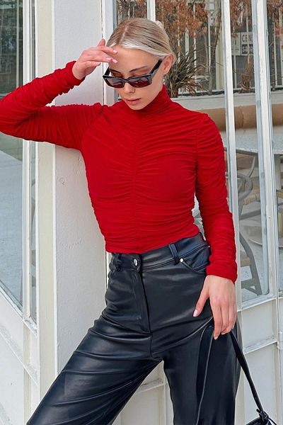Swist Red Full Draped Half Turtleneck Women's Crop Blouse
