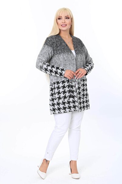 Mia Butik Plus Size Gray Black Patterned Cardigan