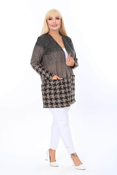 Mia Butik Large Size Brown Black Patterned Cardigan