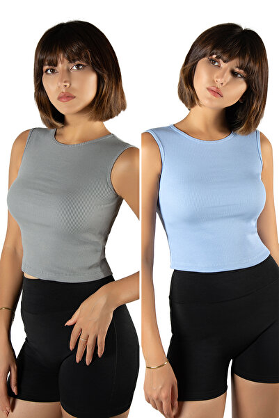 BUCADO عبوة من قطعتين باللون الرمادي والأزرق، بلوزة رياضية محبوكة قابلة للتمد...