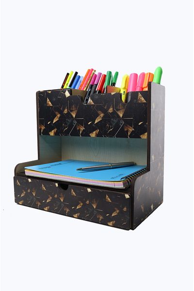 kutuTR Wooden Vi?p Notpa Desktop Pen Holder Organizer Assembled Black