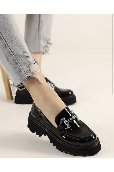 Akka Shoes Дамски черен лачен нов модел мокасини с висока подметка
