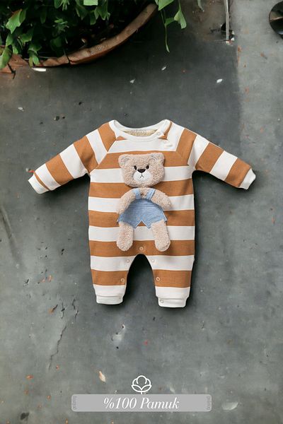 Gebelog Baby Boy Striped Jumpsuit with Teddy Bear
