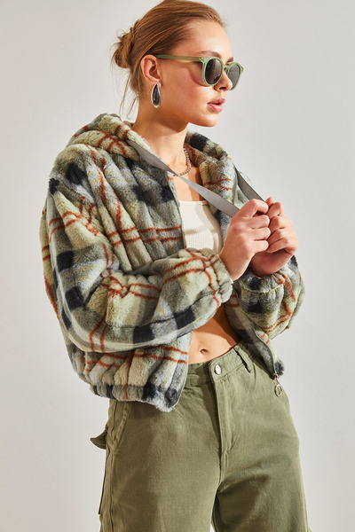 Bianco Lucci Dámský kostkovaný plyšový kabát se vzorem