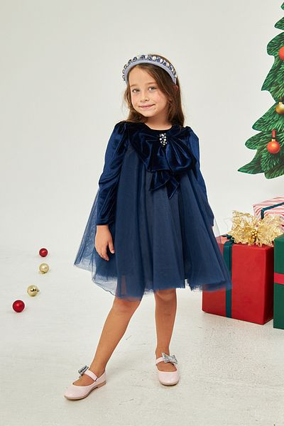 Jolanda Velvet Navy Blue Dress with Bow Collar